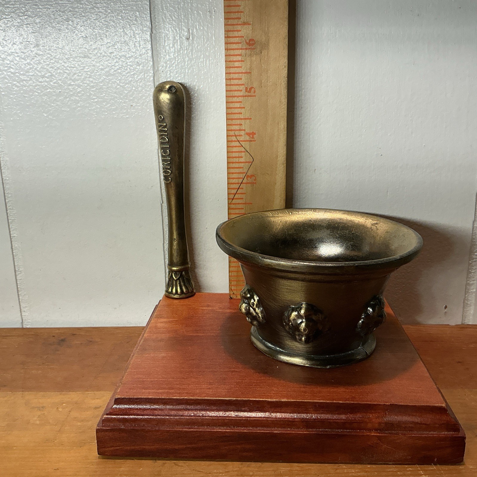 VTG. 1940’s, Mortar And Pestle W/CORICIDIN Embossed, 1 Lbs 11 oz.,2.5”H, 4” Diam