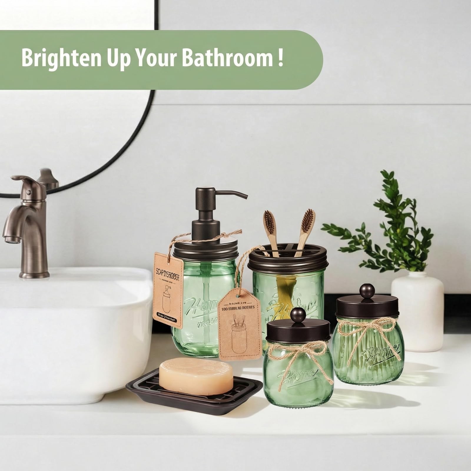 SheeChung Green Bathroom Accessories Set, 6Pcs Mason Jar Glass Bathroom Set, …