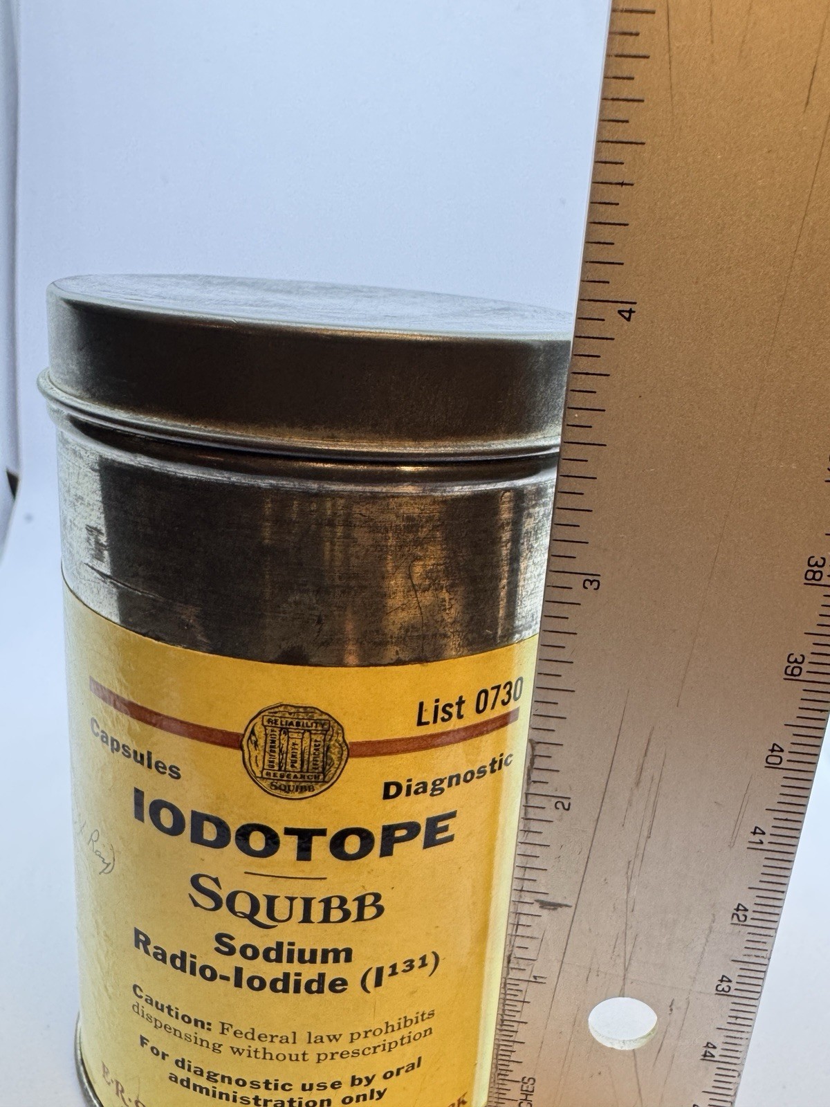 Vintage 1966 Squibb Iodotope Sodium Radio-Iodide (I131) Metal Tin Medical