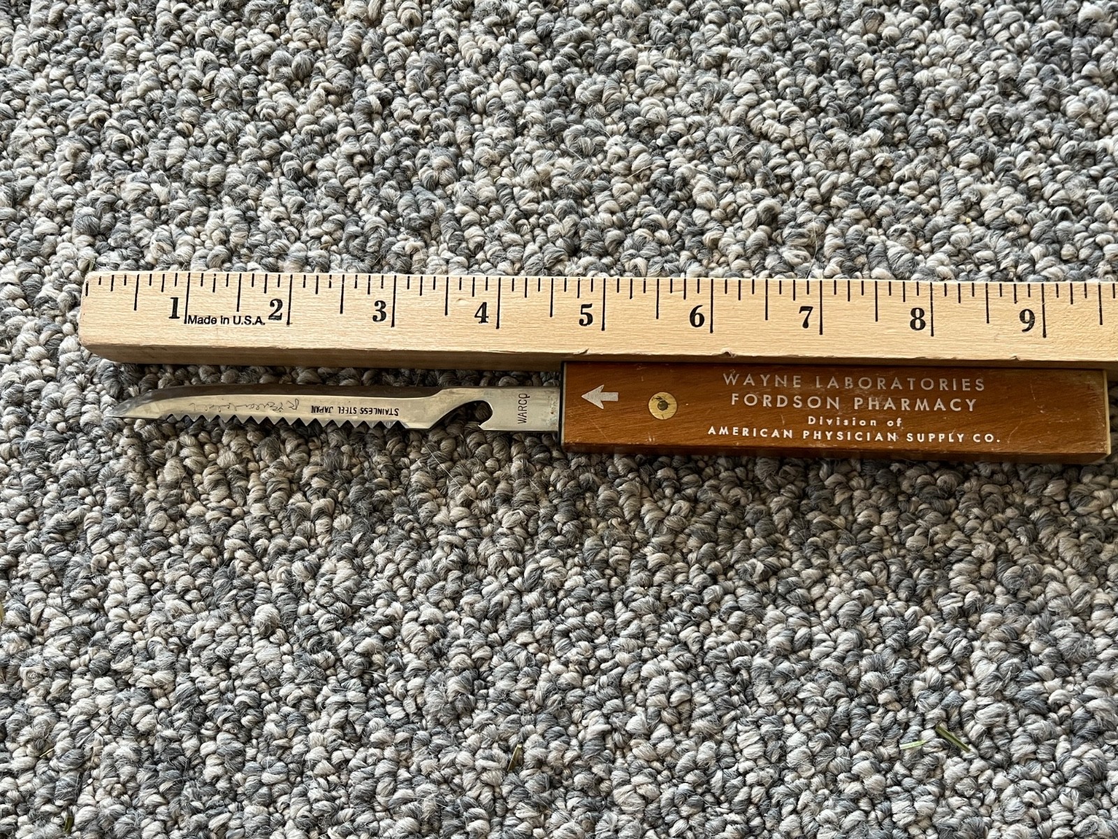vintage 1940’s Wayne Laboratories Fordson Pharmacy stainless knife in wood box