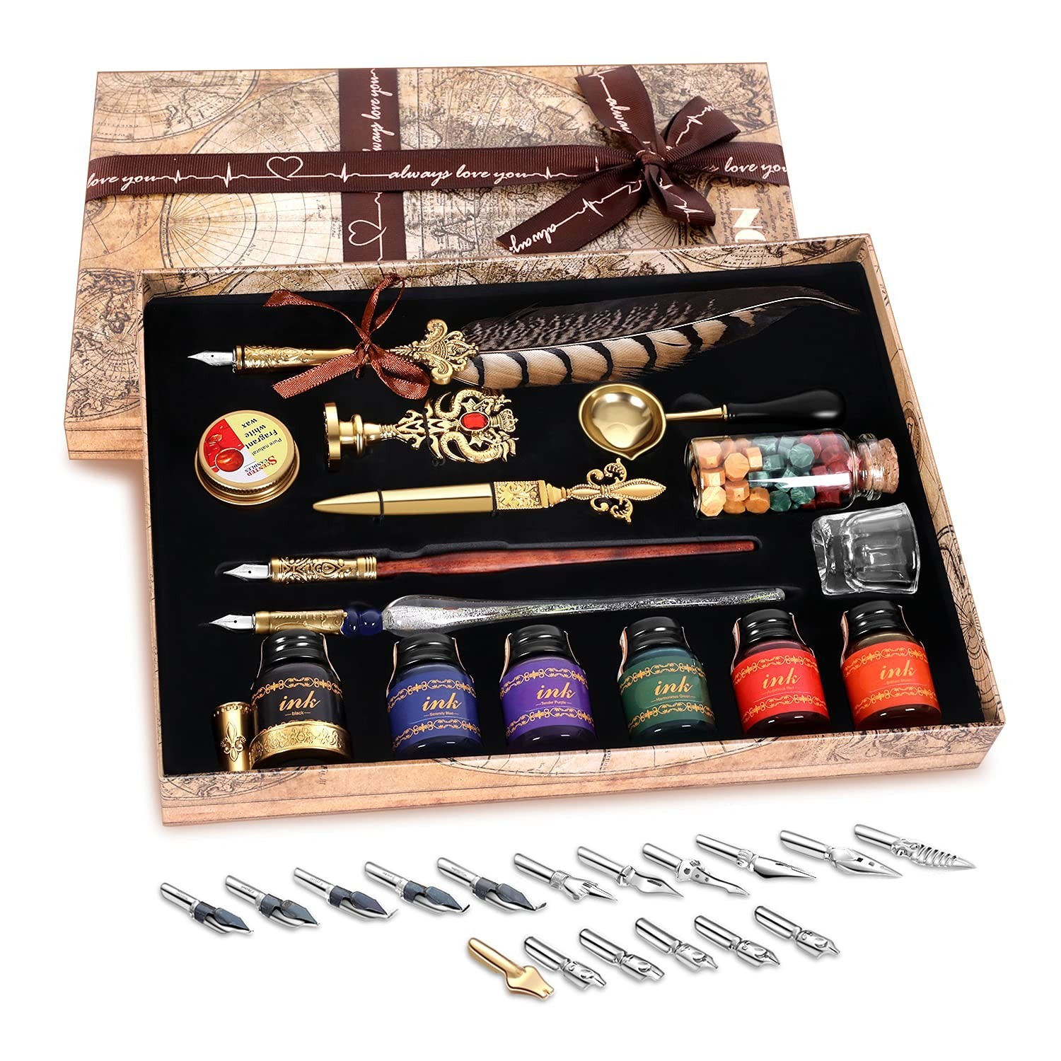 NC Quill Pen Ink Set,includes quill pen,wooden And glass dip pen,6 bottles in…