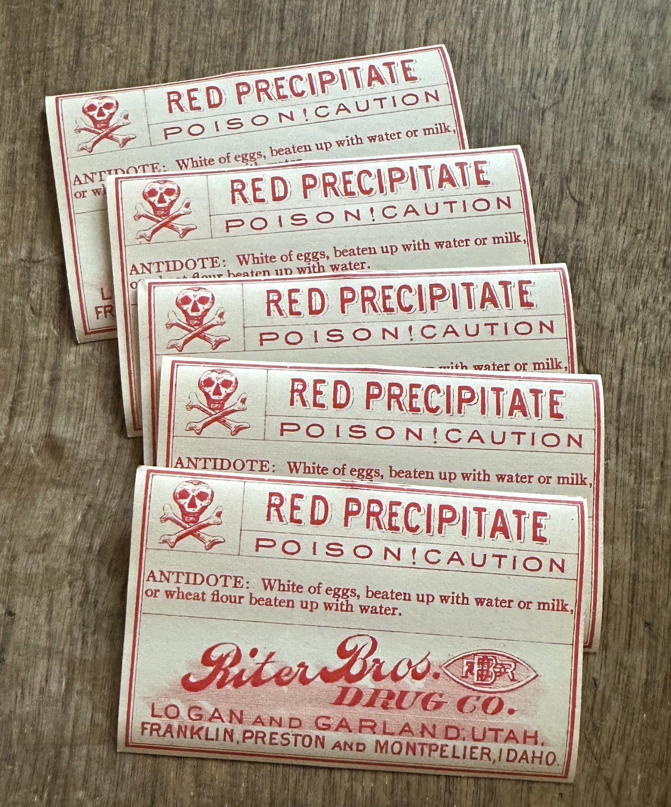 antique POISON LABELS RITER BROS DRUGSTORES UTAH & IDAHO lot of 5