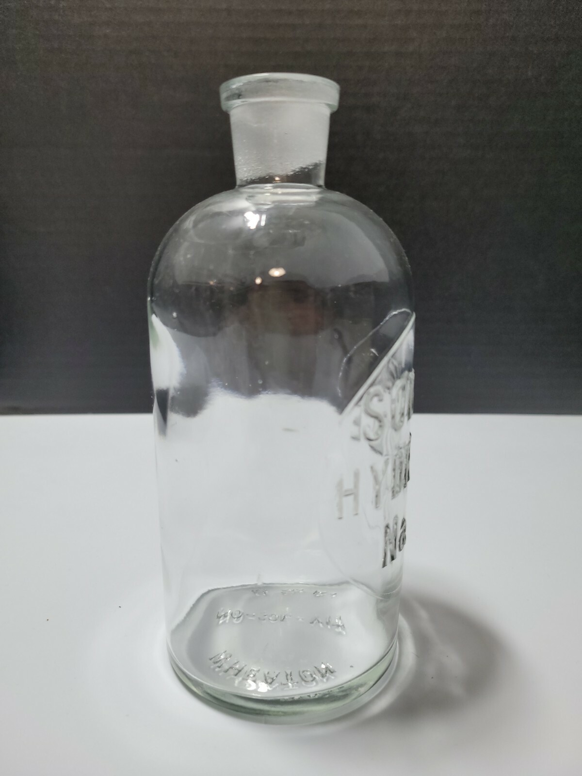 Wheaton No Sol Vit 5 Glass Bottle Embossed Sodium Hydroxide NaOH USA 6.75″ VTG