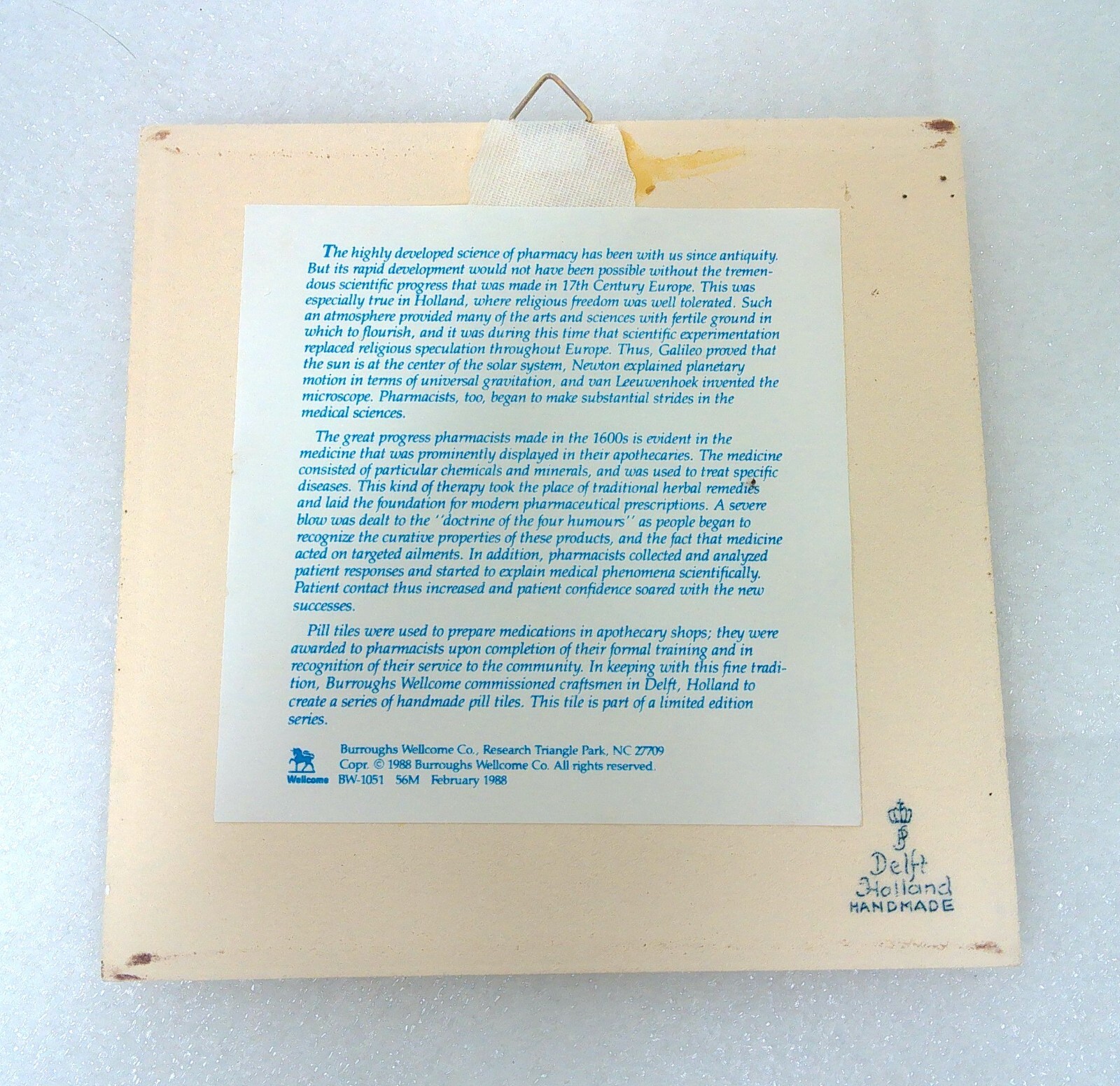 BURROUGHS WELLCOME CO. BLUE DELFT PHARMACY Apothecary Shop 6″x6″