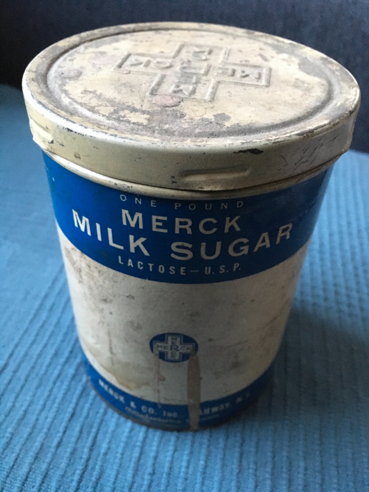 Vtg MERCK Sugar Milk metal tin Lactose paper label RAHWAY NJ rx