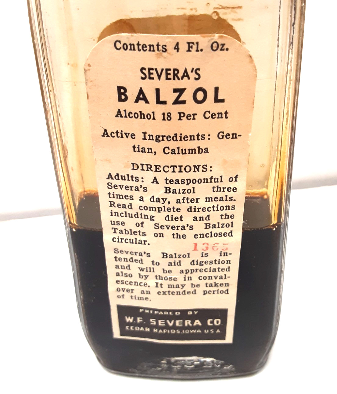 Vintage 1930’s-40’s SEVERA’S BALZOL Stomachic~W.F./Cedar Rapids, IA~18% Alcohol