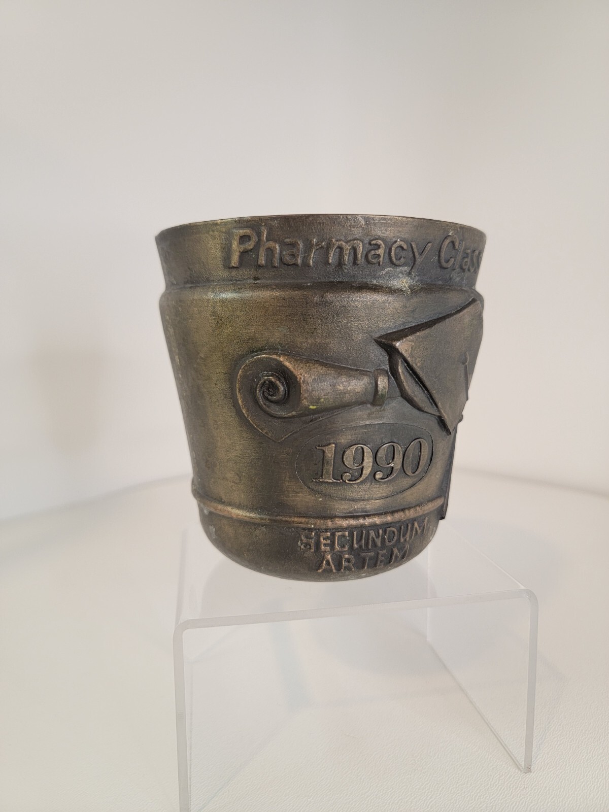 Vintage 1990 Schering Plough metal Mortar Pharmacy Rx Pharmacist Secundum Artem