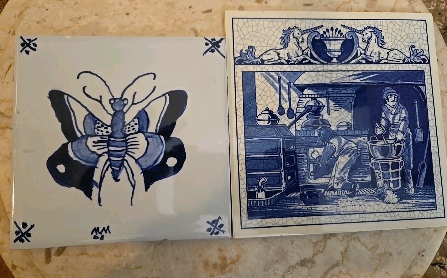 2 BLUE DELFT SCHOONHAVEN HOLLAND HANDMADE PILL TILES 1990s Handmade Read