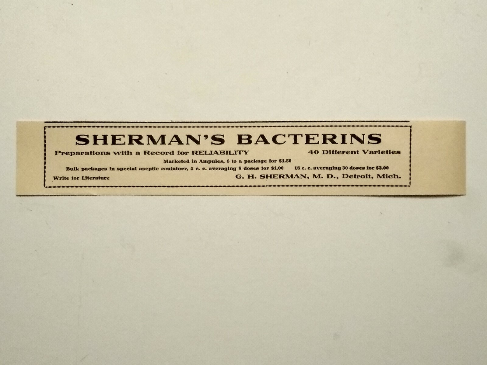 1914 Detroit G.H. Sherman’s Bacterins Medicine Vaccine Vintage Print Advertising