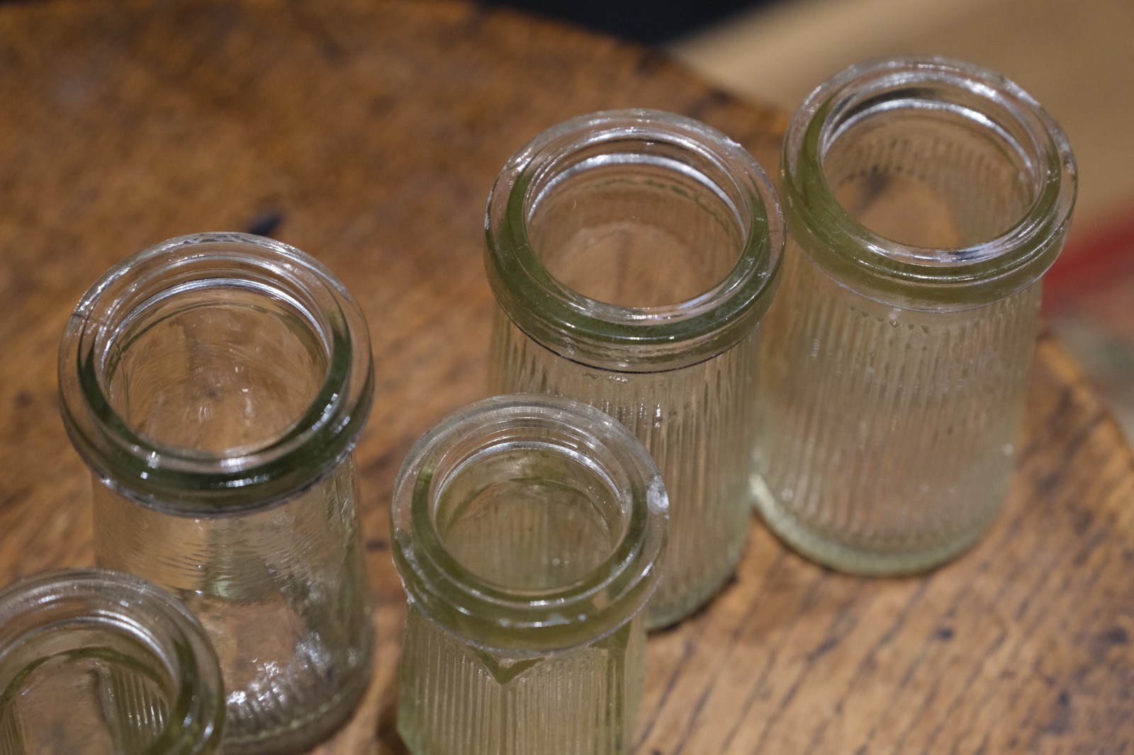 Vintage Ribbed Glass Apothecary / Cosmetic Jars Set of 7 c1930–1950