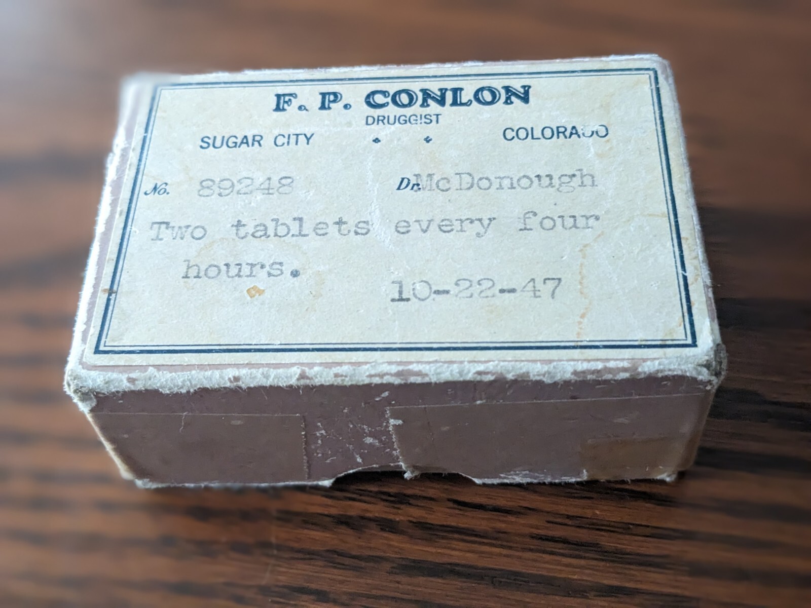 Vtg 1947 F.P. CONLON DRUGGIST SUGAR CITY CO. PRESCRIPTION BOX