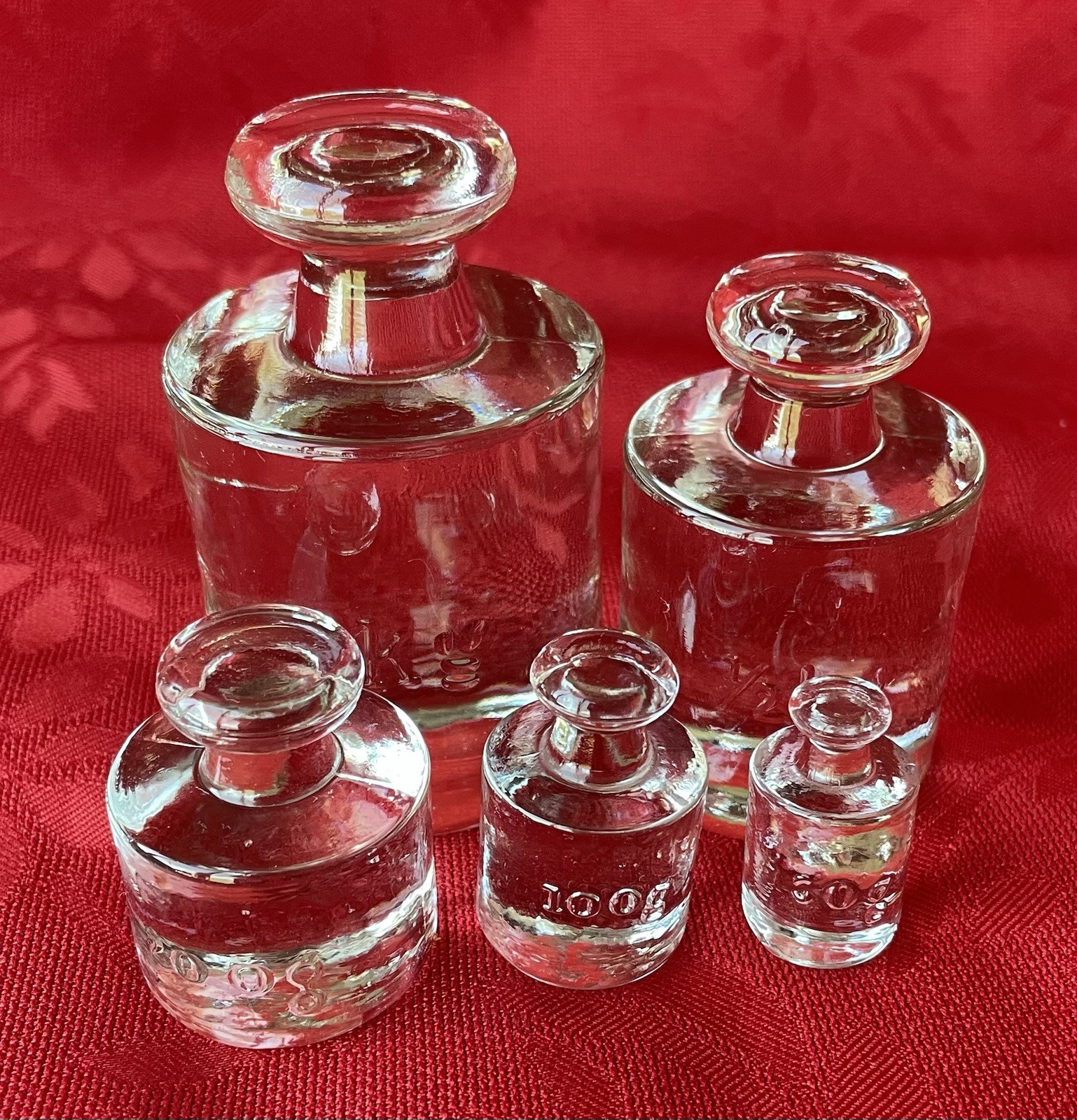 Vtg Lab or Apothecary Glass Scale Weights Set of 5 Clear Pressed Glass