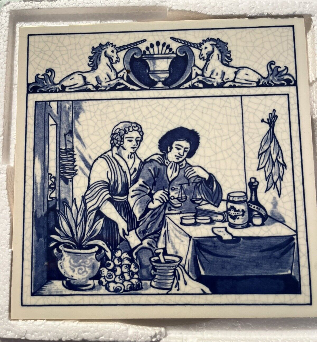 Blue Delft Schoonhaven Holland Tile Trivet Pharmacy Herbalist Burroughs Handmade