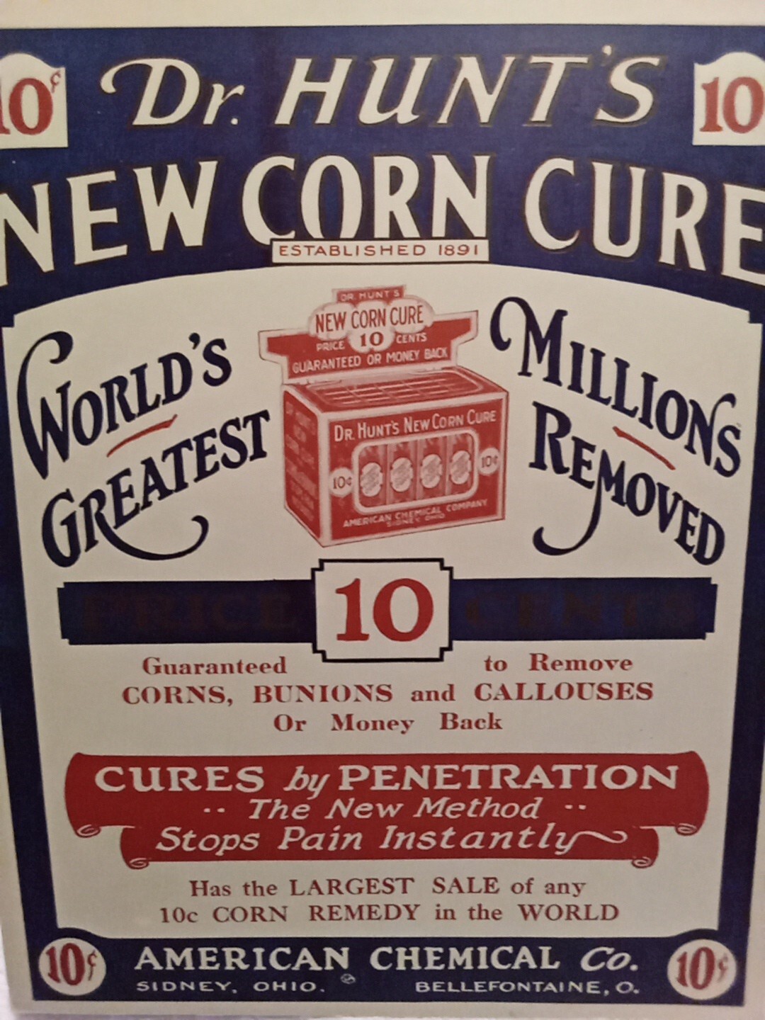 Dr. Hunt’s New Corn Cure American Chemical Co. Vtg Poster Sidney Shelby Co. Ohio