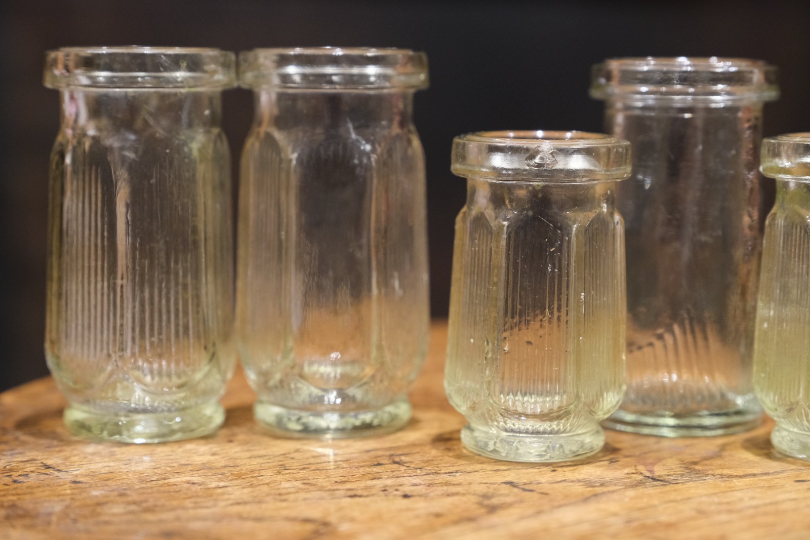 Vintage Ribbed Glass Apothecary / Cosmetic Jars Set of 7 c1930–1950