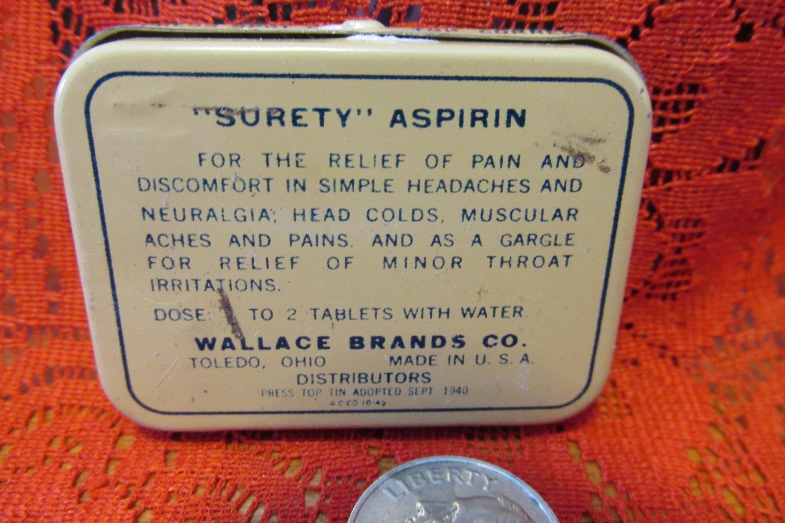Vintage Metal Surety Aspirin tin Box Wallace Brands Co. USA full
