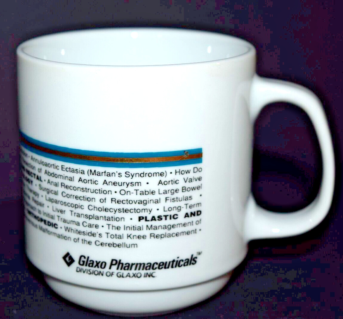 Vintage Glaxo Pharmaceuticals Masters of Surgery Coffee Mug Cup White Porcelain
