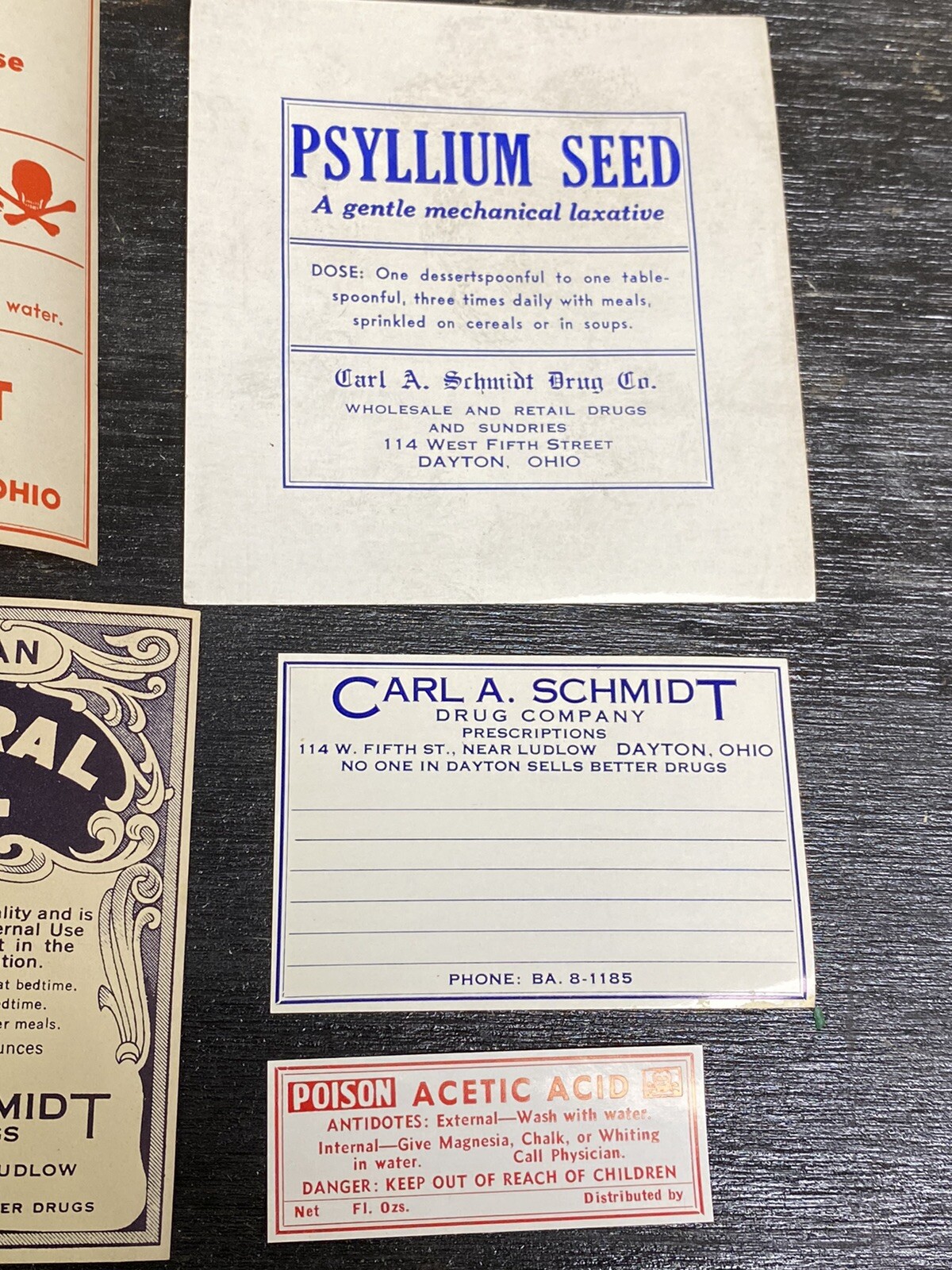Vintage CARL SCHMIDT DRUG STORE DAYTON OHIO Medicine Bottle Labels Lot of 6