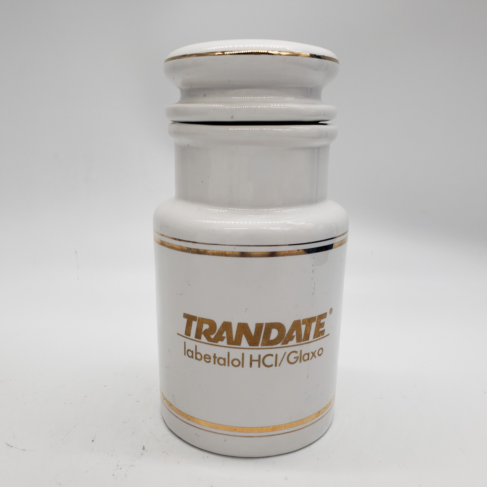 1960s Ceramic Apothecary Pharmaceutical Jar Trandate Labetalol HCI/Glaxo 6.25″ H