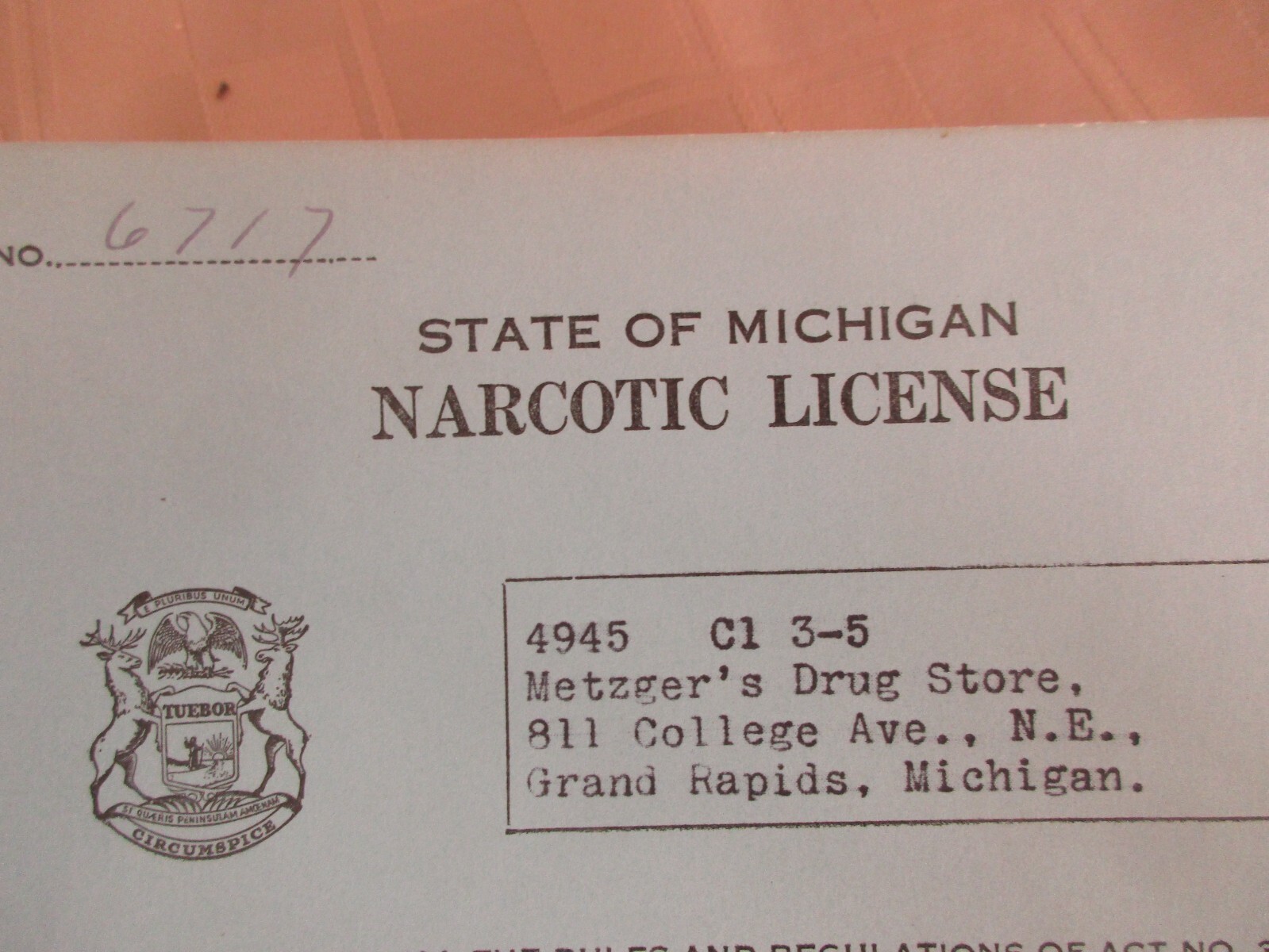 State of Michigan Narcotic License Expires July 1, 1940 – Grand Rapids, Michigan