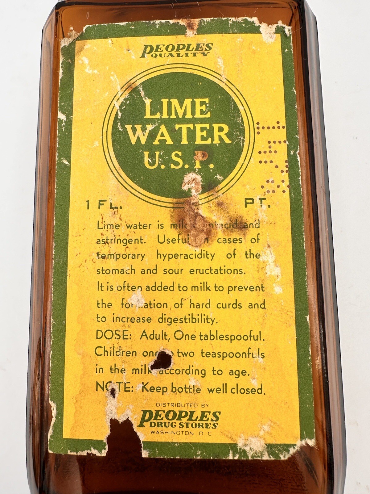 Vintage People’s Drug Store Wash DC Lime Water Beveled Brown Glass Bottle