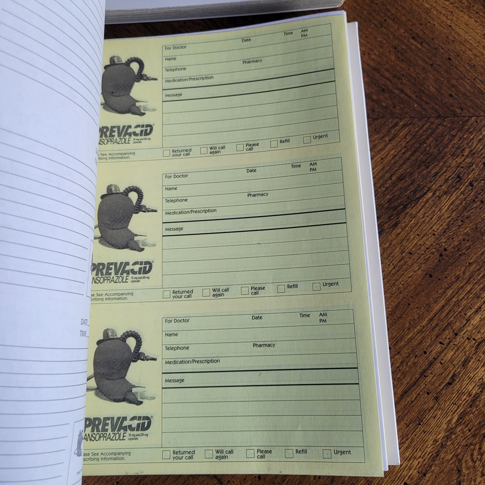 Prevacid Pharmaceutical Drug Rep Doctor MD Office Phone Message Book Pad x 2