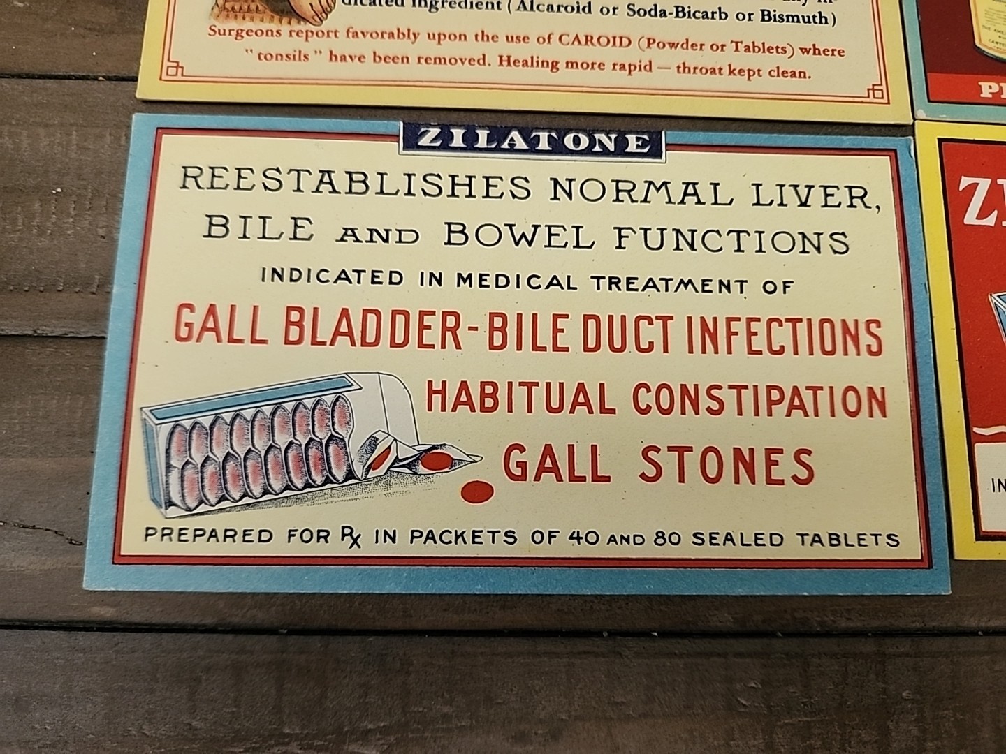 4 Vintage Medicine Medical Pharmacy Drug Advertising Cards A-CAROID ZILATONE
