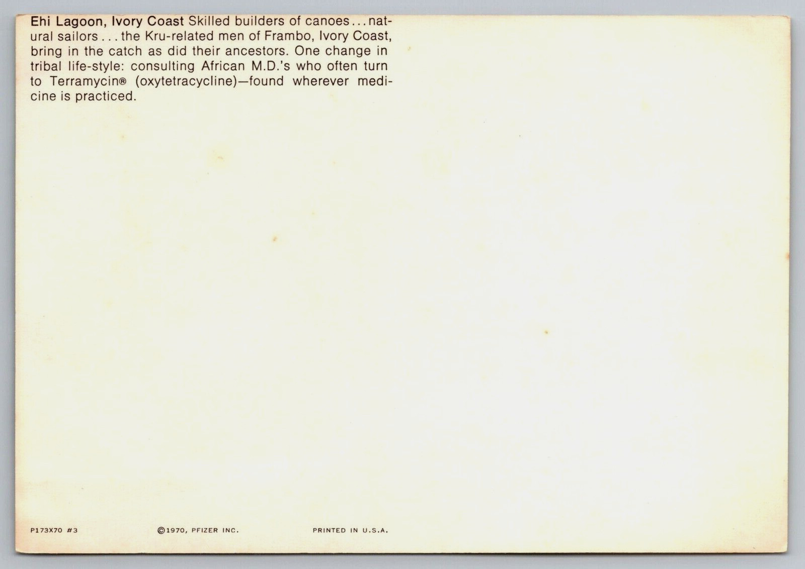 Ivory Coast Fishermen Hand Built Canoe 1970 Pfizer Pharmaceutical Print Ad Card