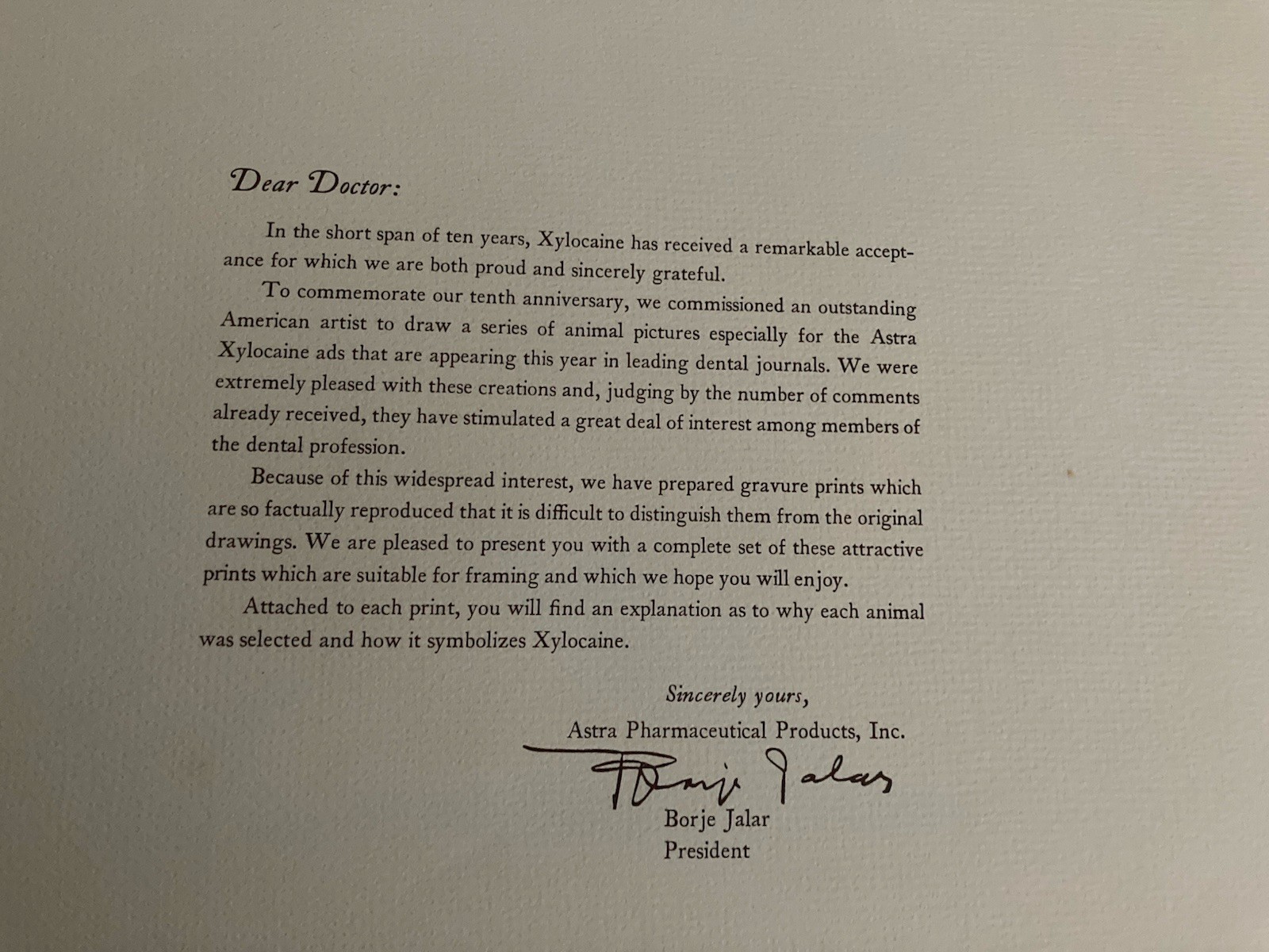 Astra Pharmaceutical 10th Anniversary Animal Prints Xylocaine D. Schwartz 1950s