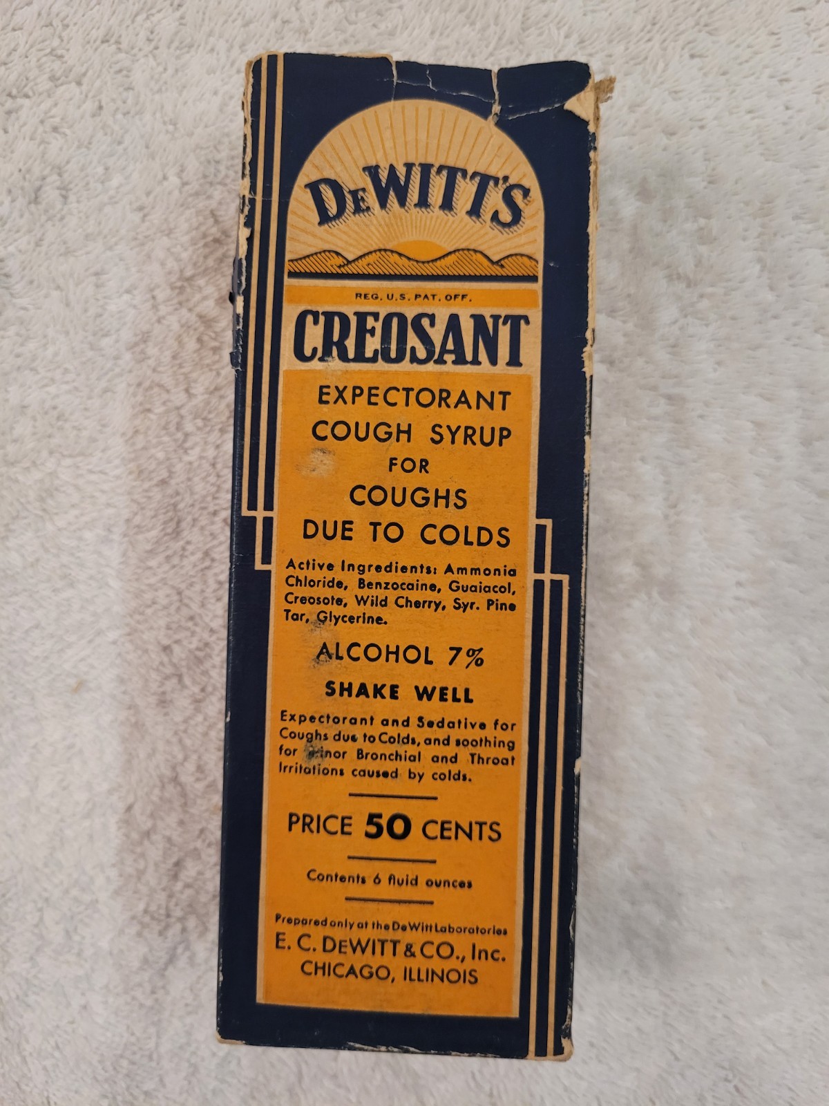 Vintage DeWitt’s Creosant Cough Syrup Bottle w/ Box Insert Paperwork Pharmacy Ad