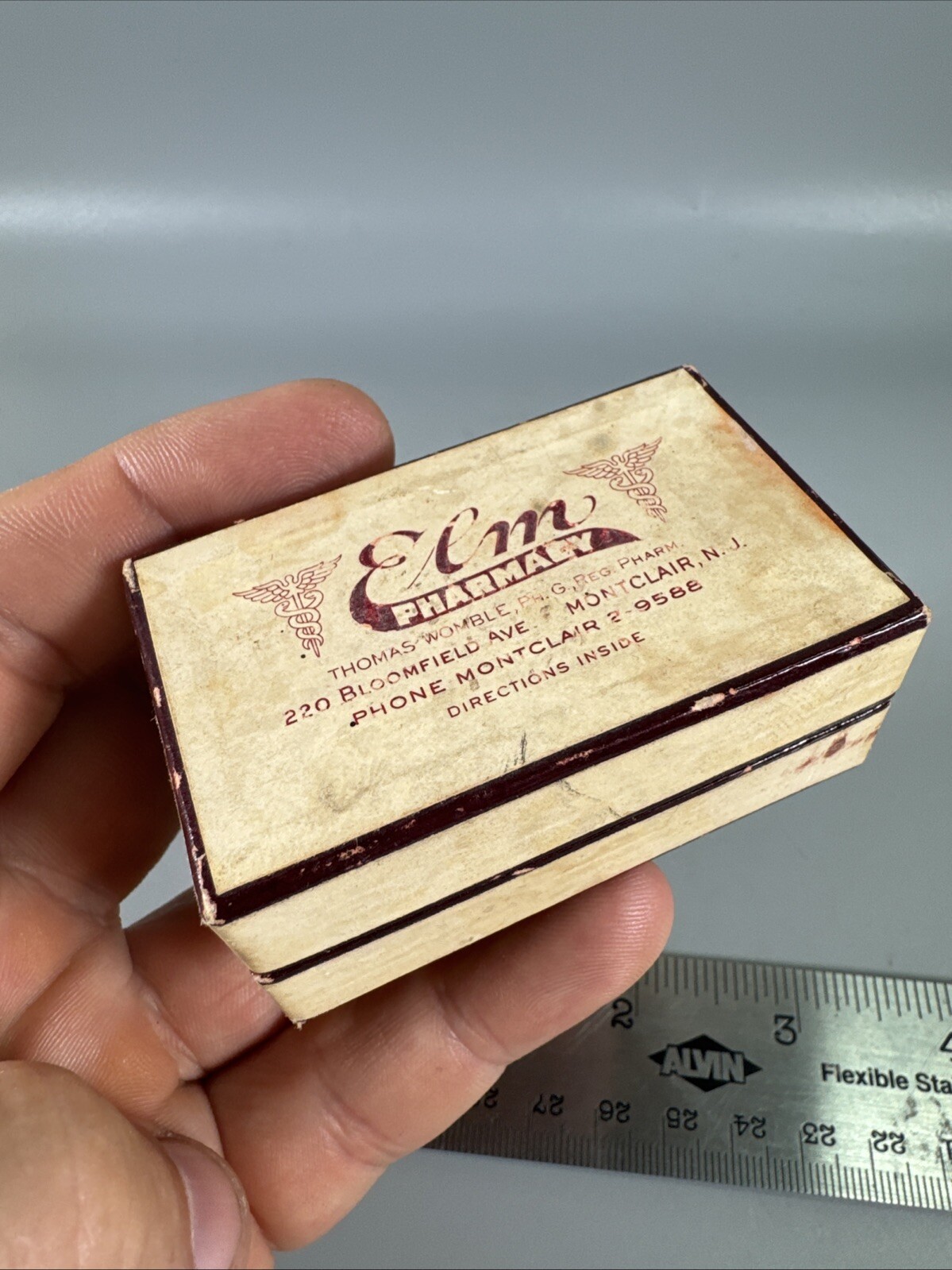 1952 Elm Pharmacy Pill Box Montclair NJ Vintage Prescription Ephemera