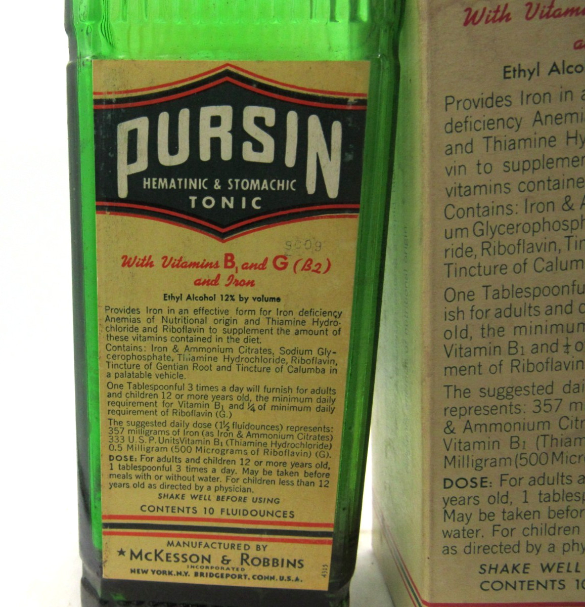 WVA – 1930’s McKesson & Robbins Pursin Bridgeport Conn New York 8″ Green Bottle