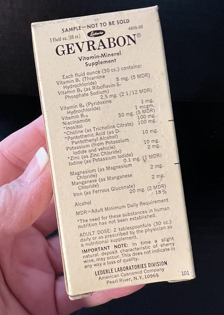 VTG GEVRABON Brown Pharmacy Bottle Apothecary Vitamin Mineral Lederle Labs NY
