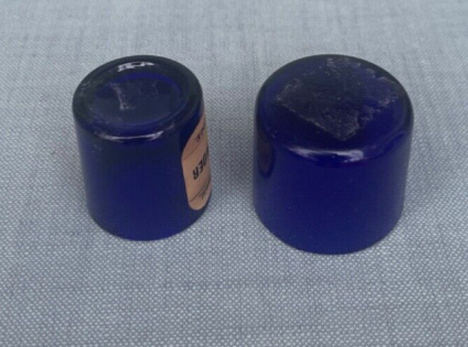 UNUSUAL ANTIQUE MINIATURE BRISTOL BLUE CHEMIST JARS WITH ORIGINAL CHEMIST LABLES