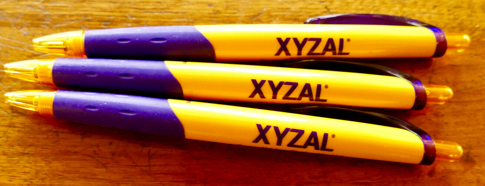 XYZAL Drug Rep PHARMA PENS NOS NEW Lot 3 Stored Yellow Purple Rubber Papermate