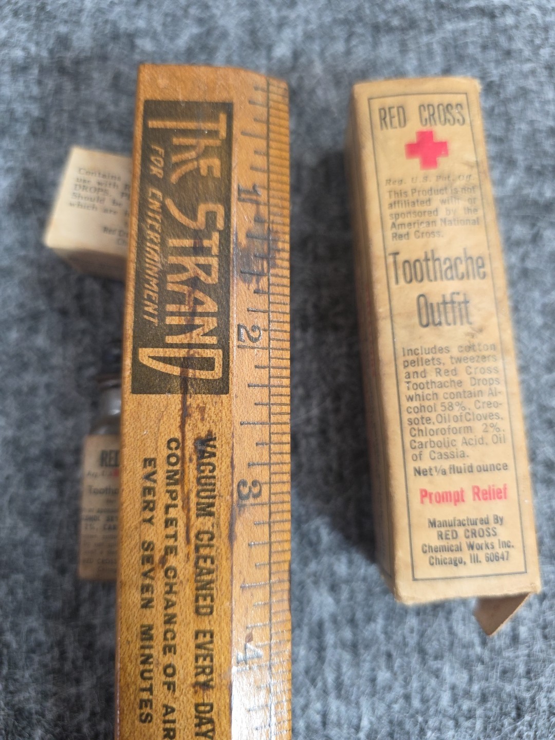 Vintage 1940s Red Cross Toothache Kit Tweezers Cotton Pellets Bottle USA