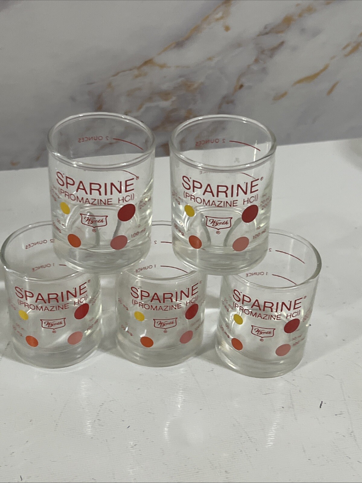 LOT OF 5 VINTAGE GLASS WYETH SPARINE MEASURING CUP 2 OZ Libbey Glass NICE
