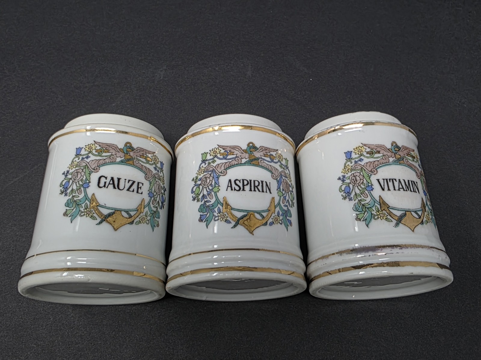 Vintage Porcelain Apothecary Medicine Jar Set Salts Cologne Gauze Perioxide