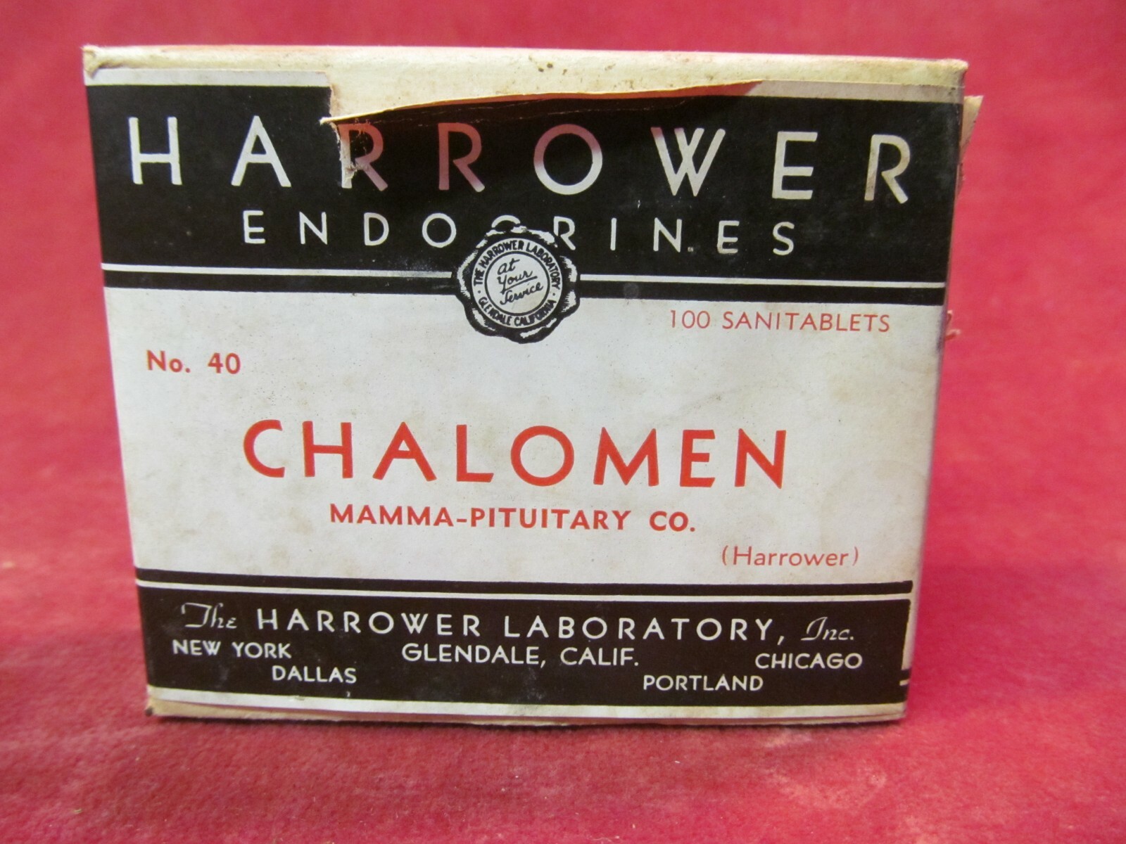 NEW OLD STOCK 1930’s HARROWER ENDOCRINES #40 CHALOMEN MAMMA-PITUITARY TABLETS