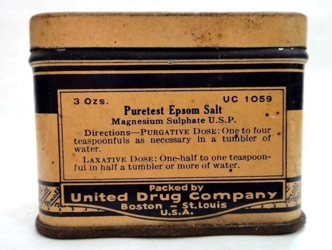 antique EPSOM SALT TIN w CONTENTS rexall store UNITED DRUG CO uc1059