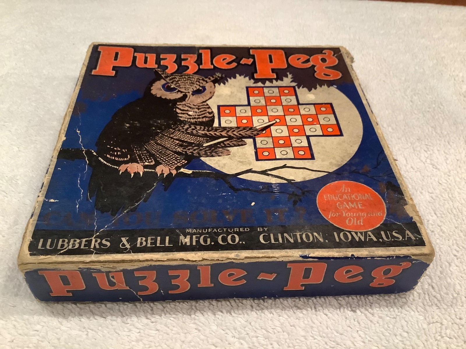 VTG 1920s Puzzle-Peg Game Lubbers & Bell Clinton Iowa Wood Board Pegs Booklet