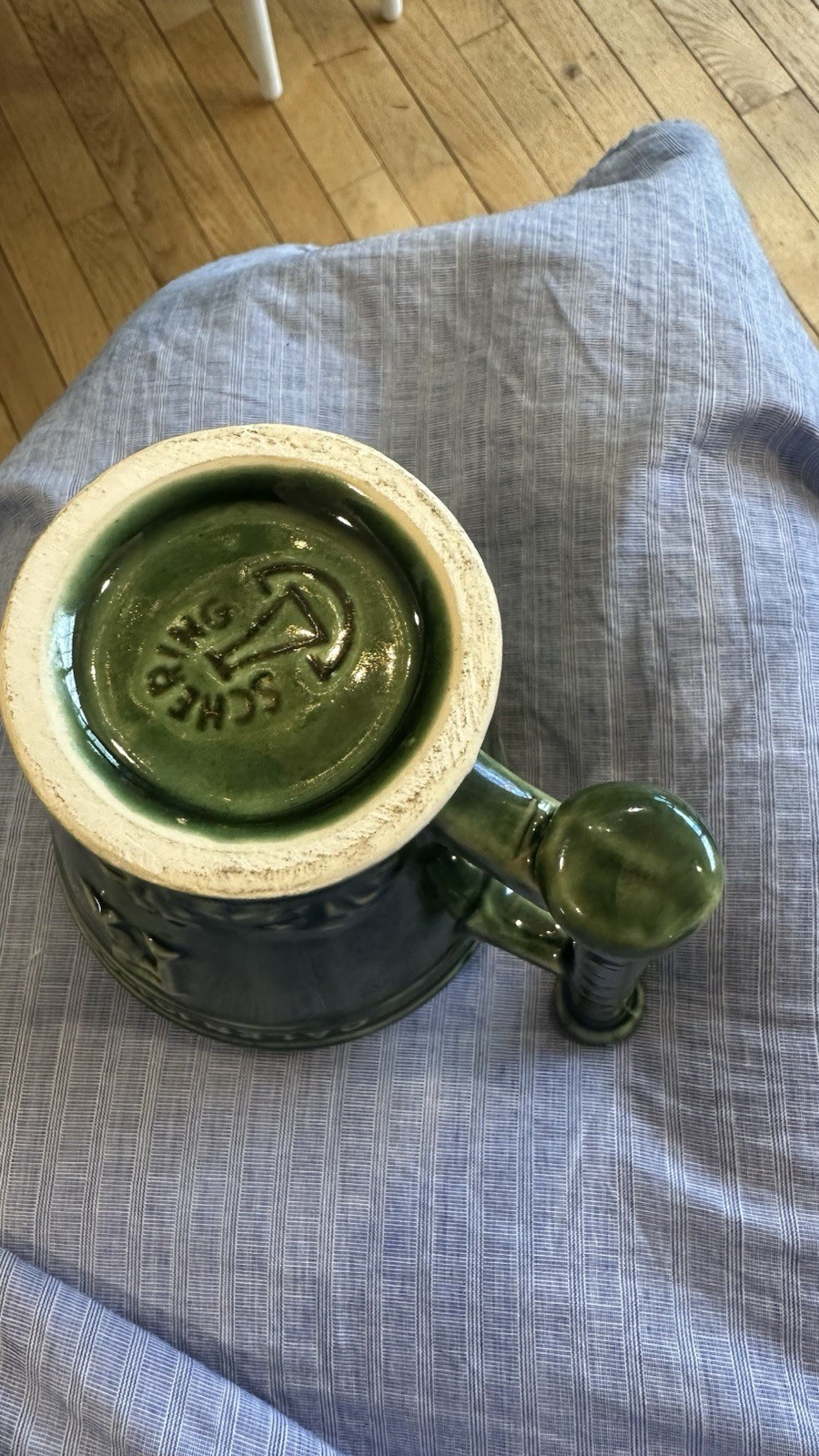 Vintage Coricidin Green Pottery Mug RX Galen Schering Pharmacy Cup Mortar Pestle