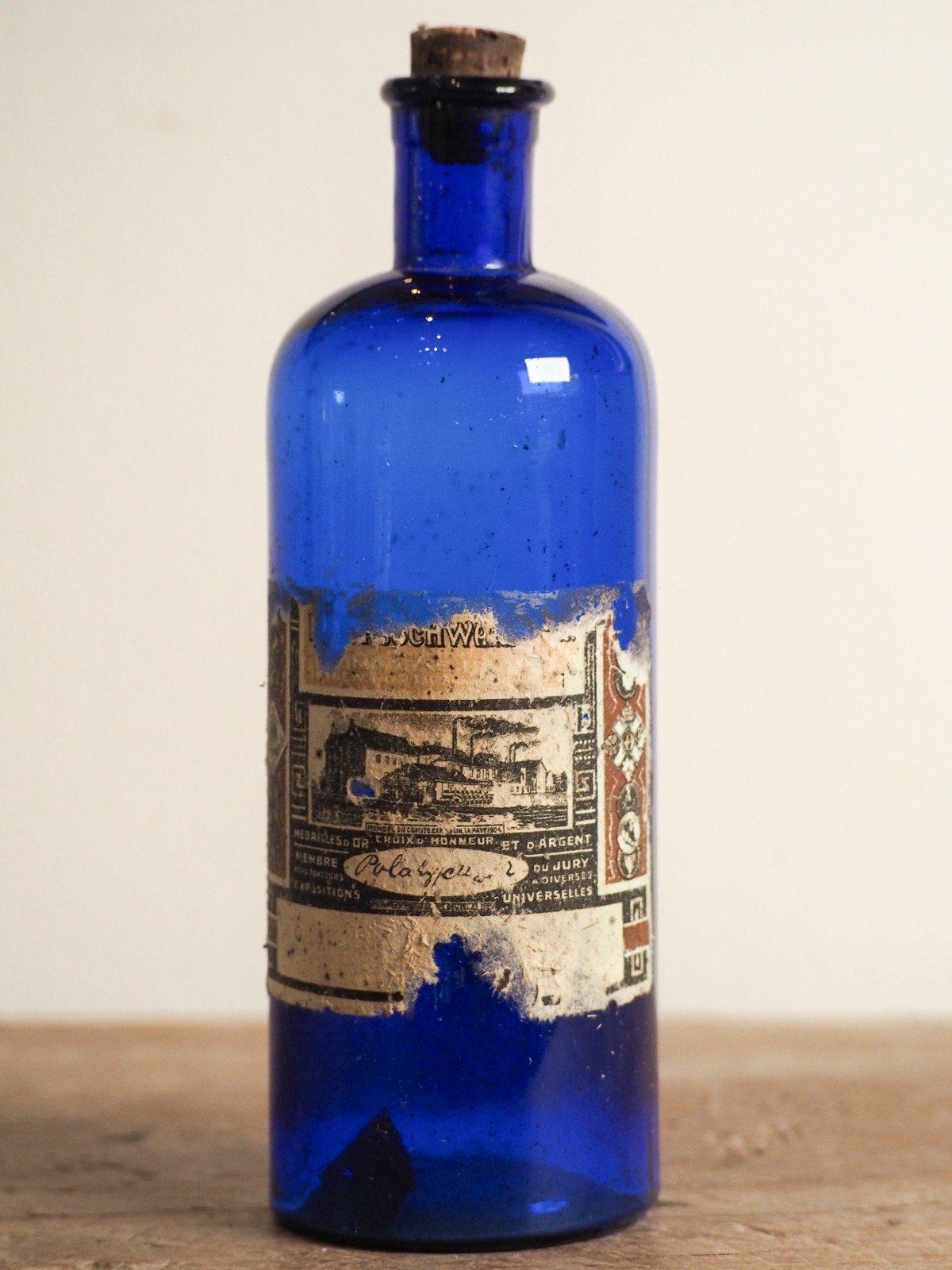 Antique Victorian Blue Bottle with Stopper and Original Label -Sold Individually