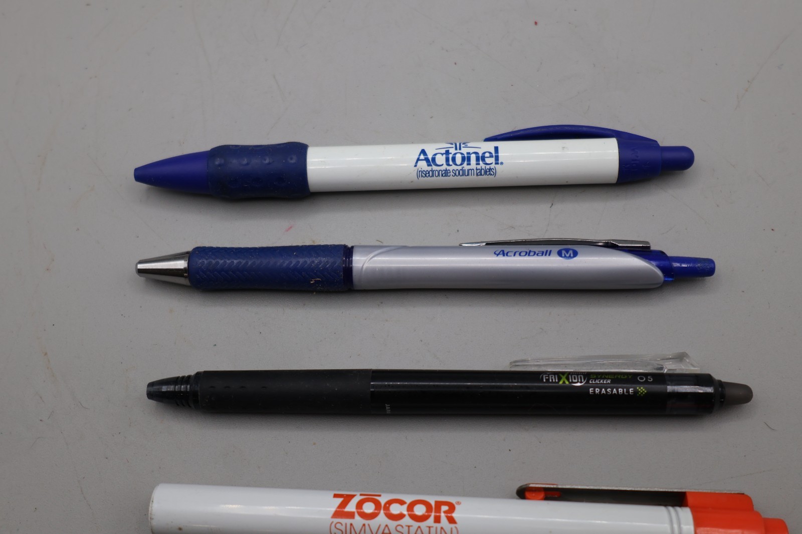 Lot of 4 Advertising Pens Pilot FriXion Acroball Actonel Zocor Drug Rep Promo Pe