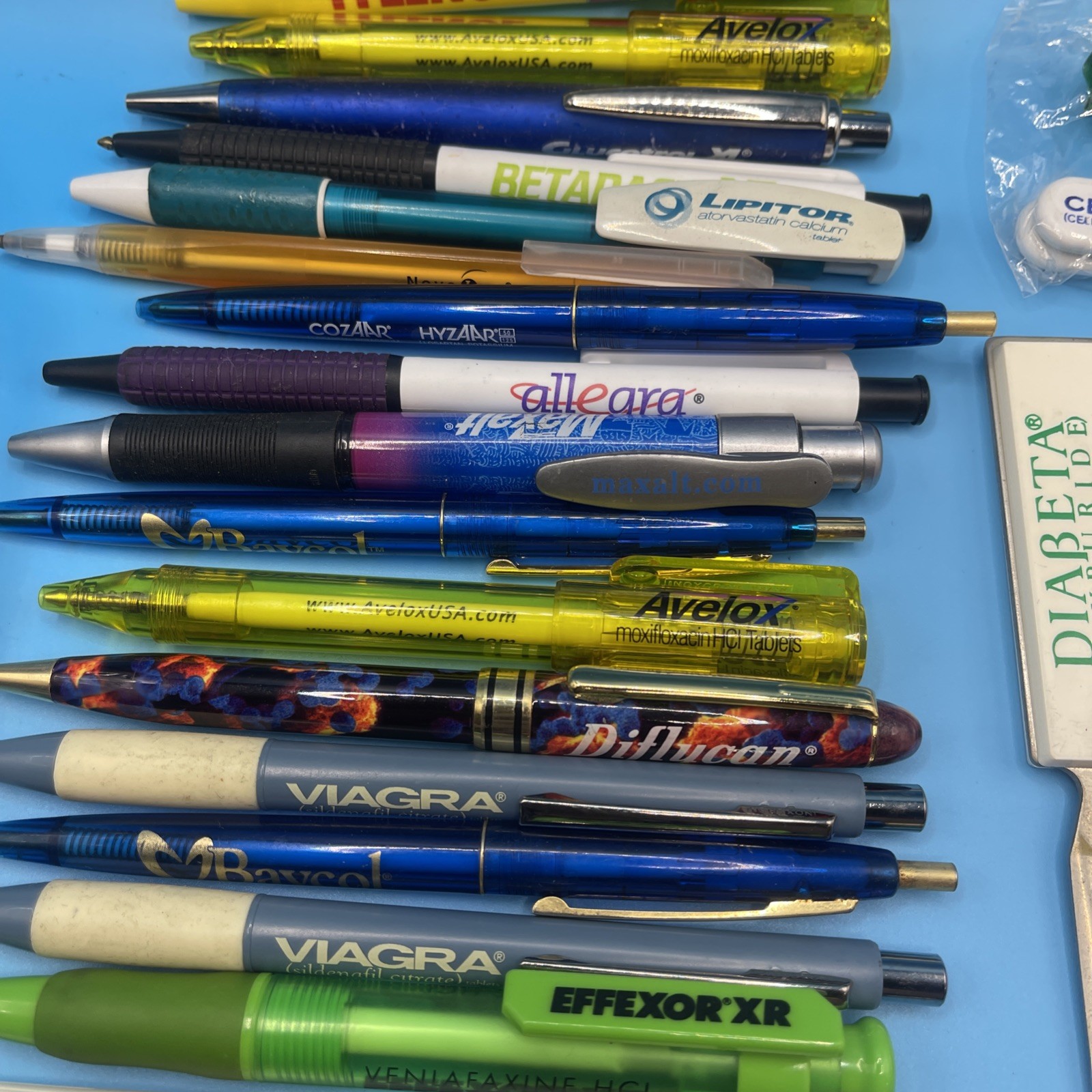 Lot 23 Pharmaceutical Drug Rep Pens, Bag, Calc, Tylenol Viagra Diflucan Etc
