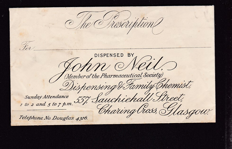 Medical Prescription envelope unused no contents JOHN NEIL of GLASGOW c1890/00s?