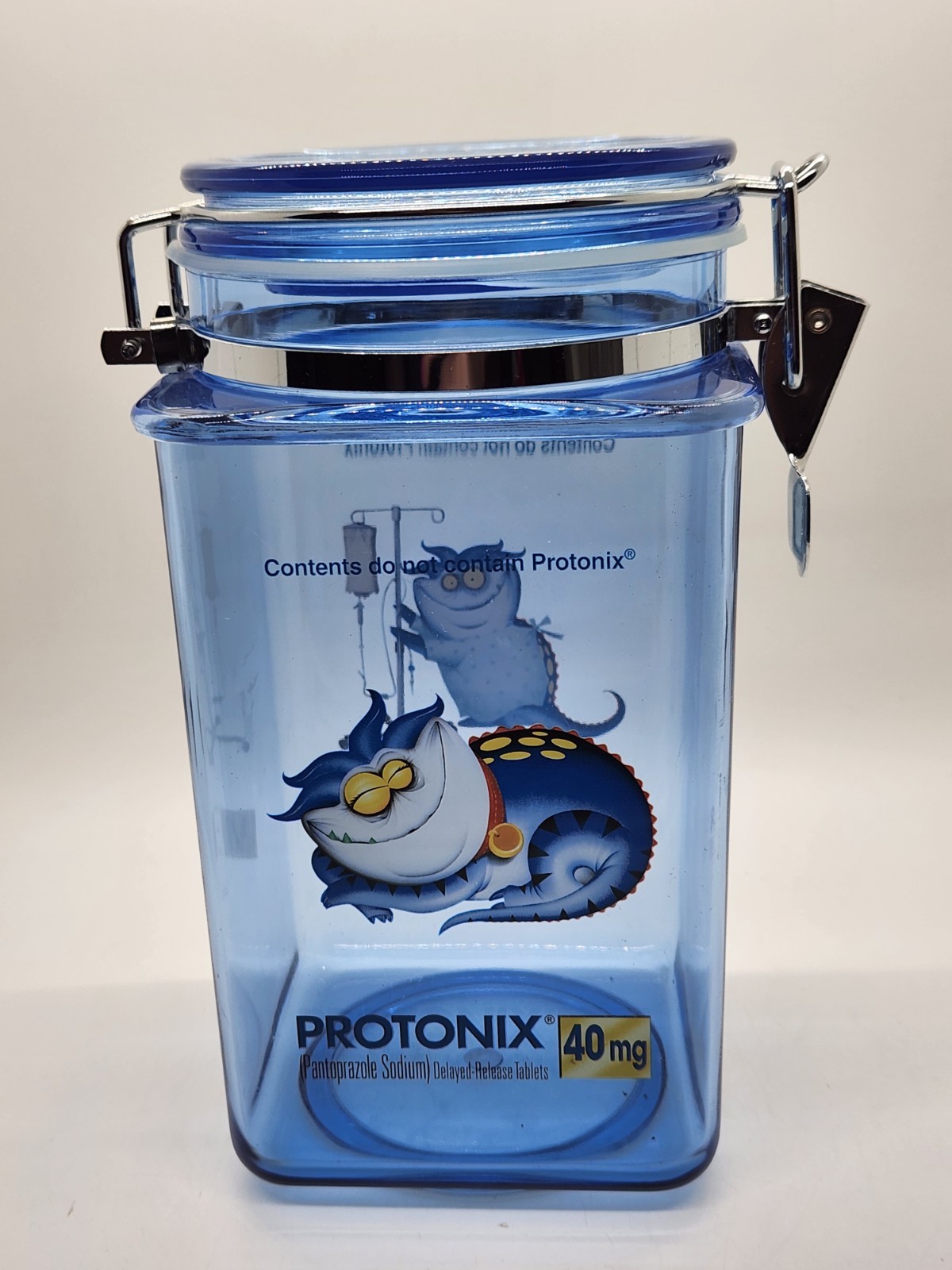 Vintage Pharmaceutical Drug Rep Protonix IV Clear Blue Plastic Canister Jar