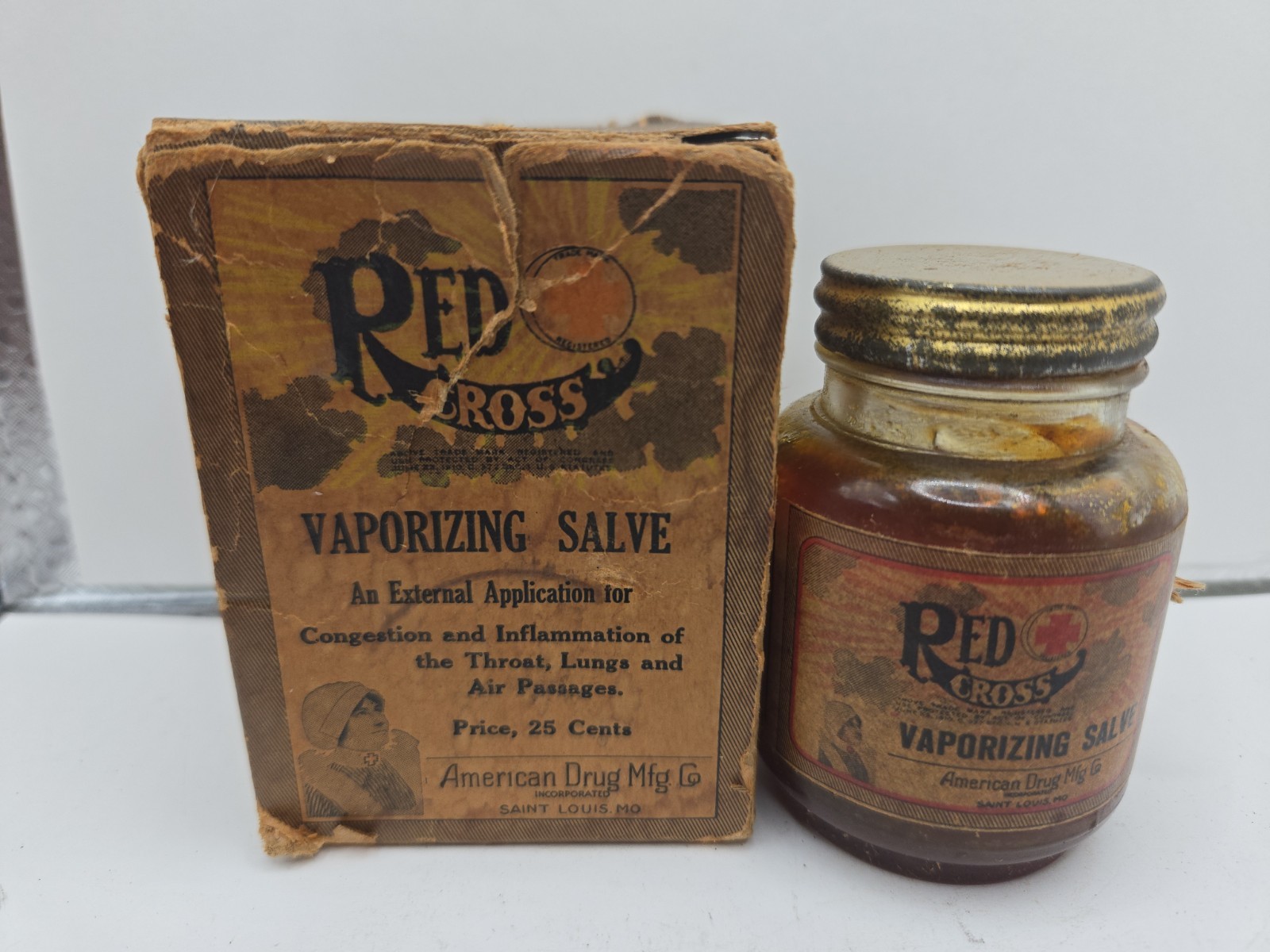 Vintage Red Cross Vaporizing Salve Original Box Amd Jar With Contents..