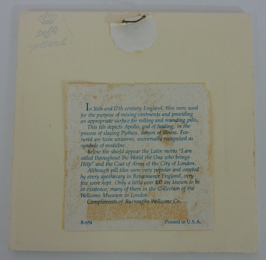 Burroughs Wellcome Co Delft Holland Blue & White Pharmacy Pill Tile Apollo #15