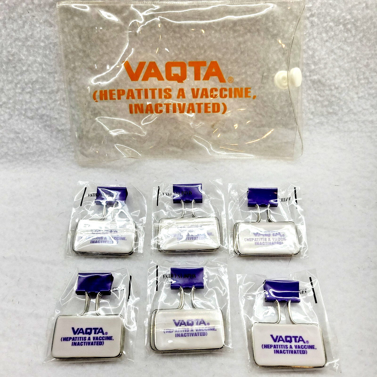 Vintage VAQTA Metal Paper Binder Clips Bag w/ 6 Clips Pharmaceutical Promo NOS